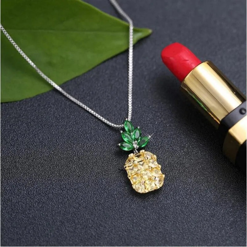 Korean women's necklace with geometric pineapple diamond pendant in silver finish