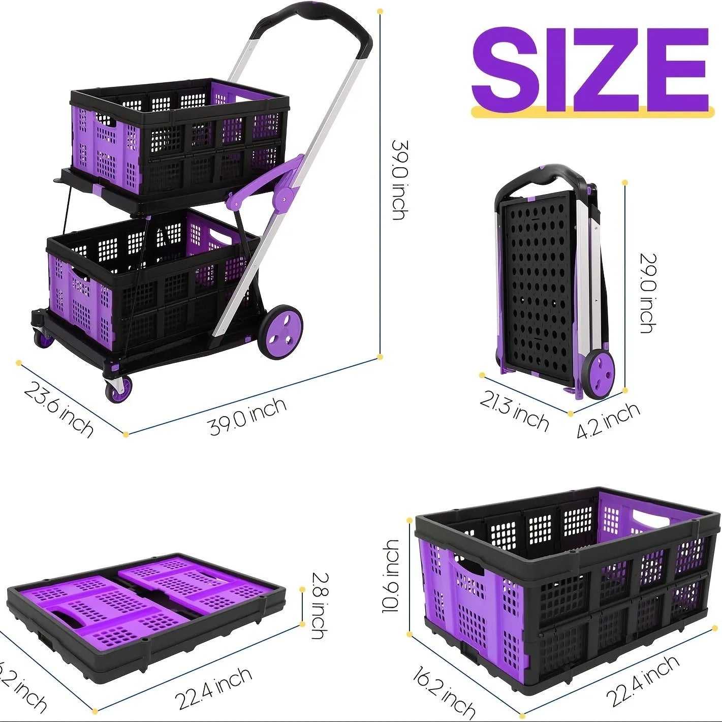 Blue foldable shopping trolley with a double-layer plastic basket and wheels.