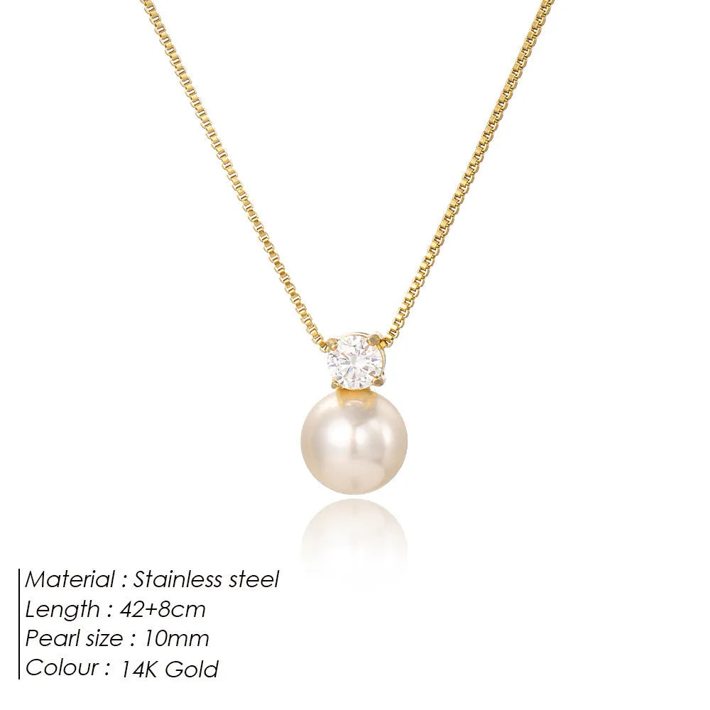 St Delan women's stainless steel necklace with imitation pearl and zircon pendant in gold or steel colour