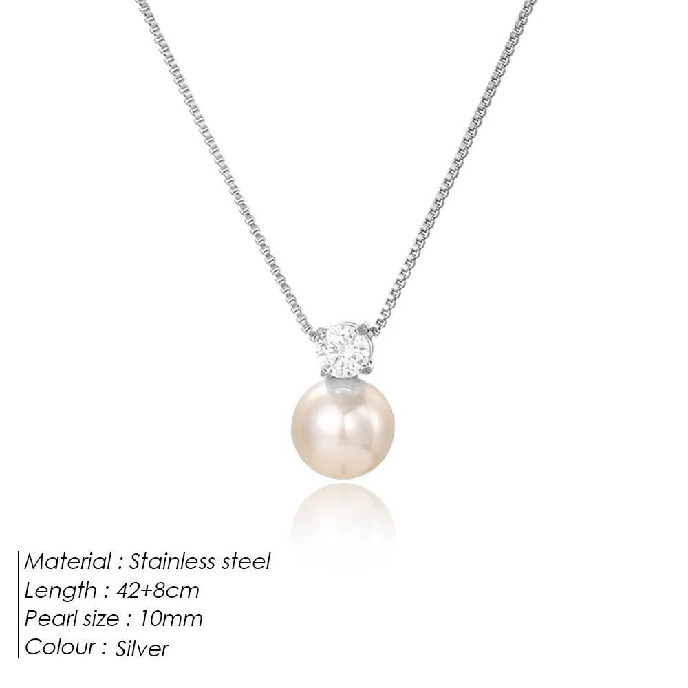 St Delan women's stainless steel necklace with imitation pearl and zircon pendant in gold or steel colour