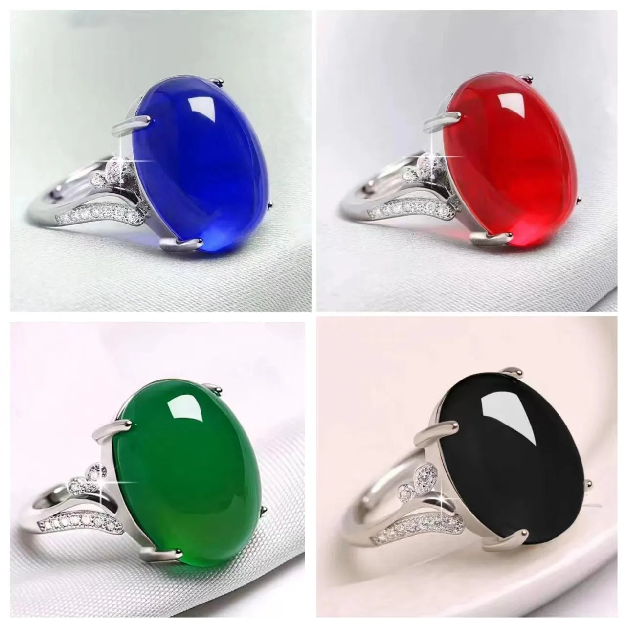 Adjustable geometric alloy ring in ethnic style, shown in black, blue, green, red, and yellow colours.
