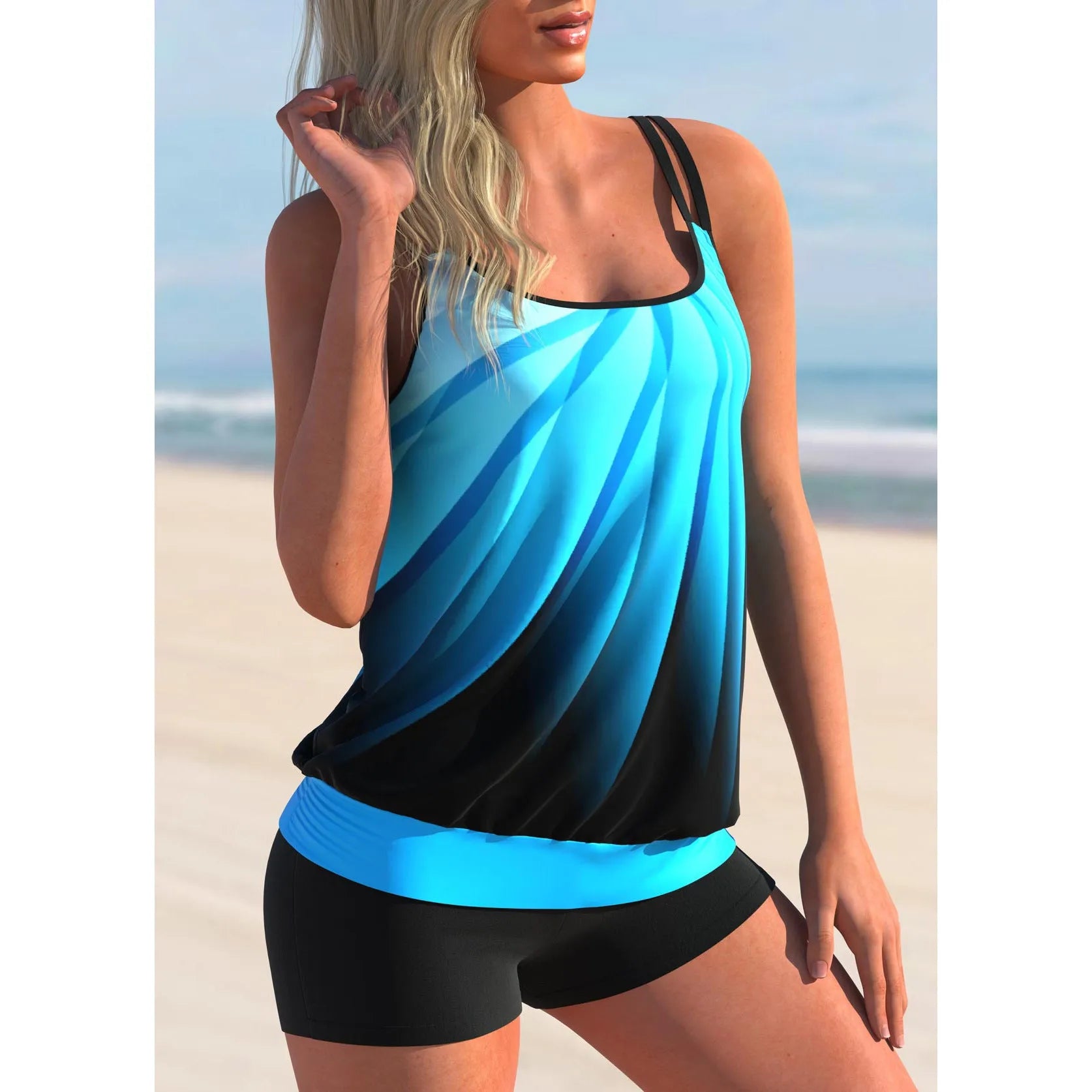 Women's plus size beach swimsuit set showing strappy top and matching printed shorts in Butterfly pattern