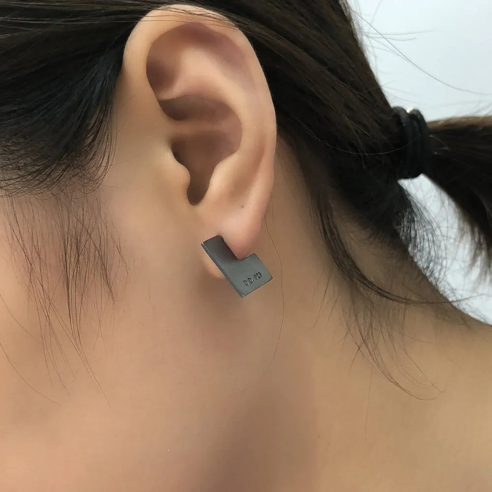 Oxidised black geometric square sterling silver earrings minimalist cold wind style