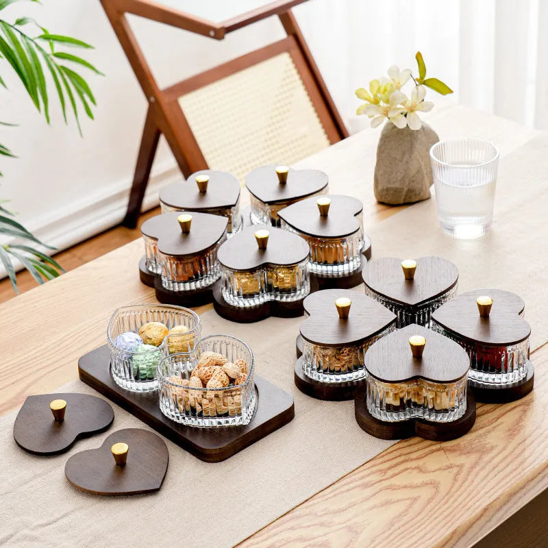 Glass snack platter with heart-shaped bowl lid compartments in mild luxury retro style