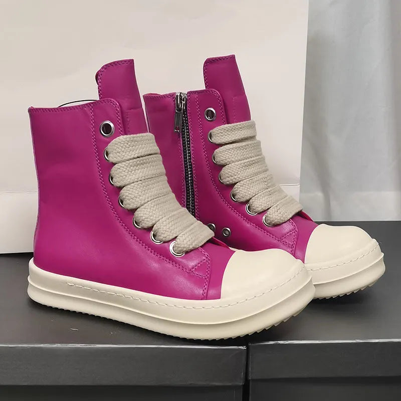 Black genuine cowhide leather high-top sneakers with a side zipper and platform sole.
