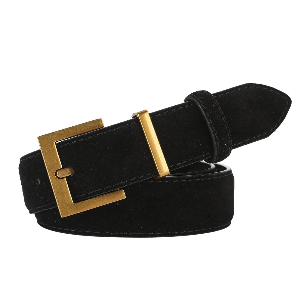 Women's genuine leather belt with quadrilateral alloy buckle in black colour, showing pin buckle fastening mechanism