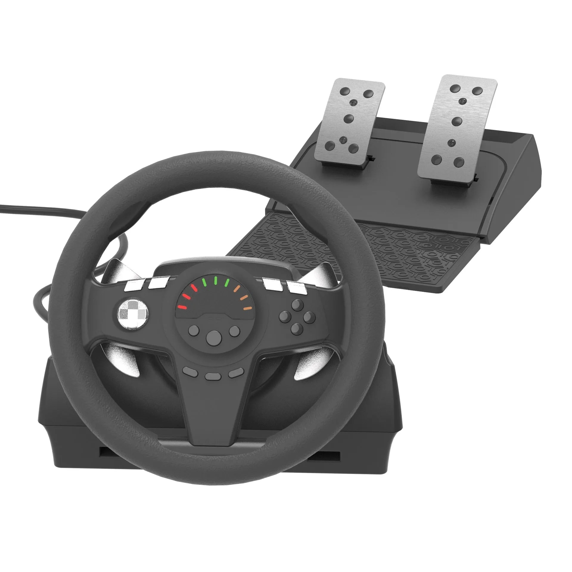 Black multi-platform steering wheel game controller with two pedals and LED display