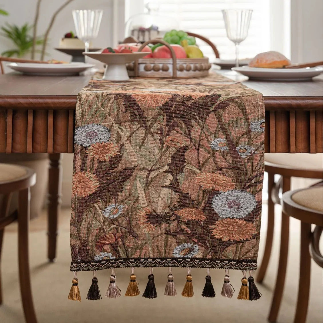 American-style jacquard table runner with tassel fringe in floral pattern