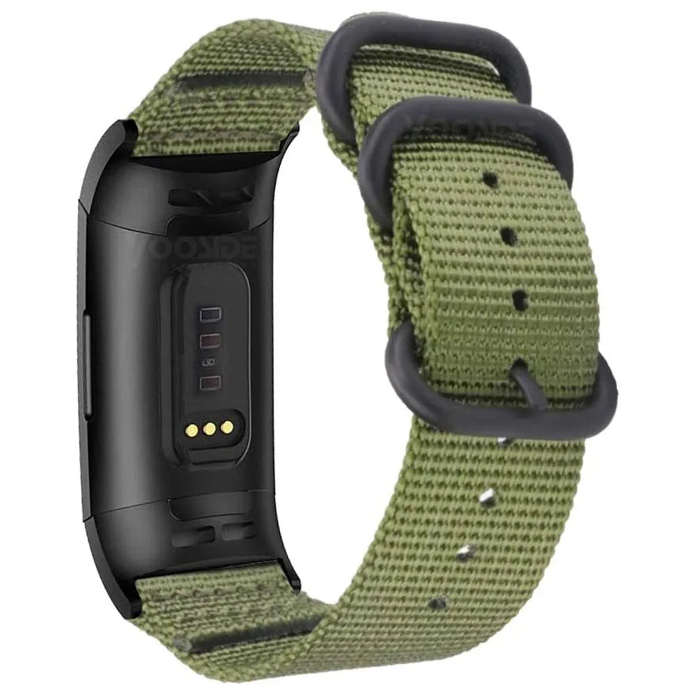 Nylon three-ring buckle replacement strap for Fitbit Charge 2, 3, 4, 5 fitness trackers in multiple colours.
