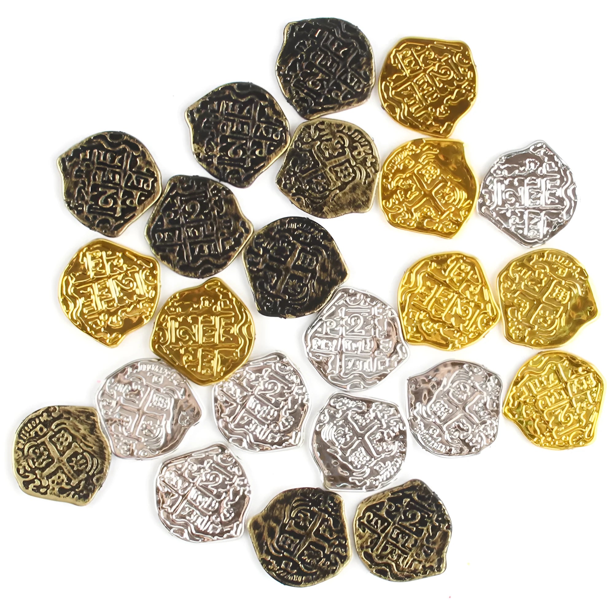 Set of 100 gold, silver, and bronze plastic replica Roman coins for props and crafts.