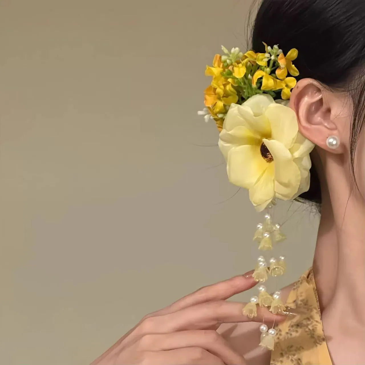 Handmade floral tassel hair clip with fairy pearls in purple or yellow colour options