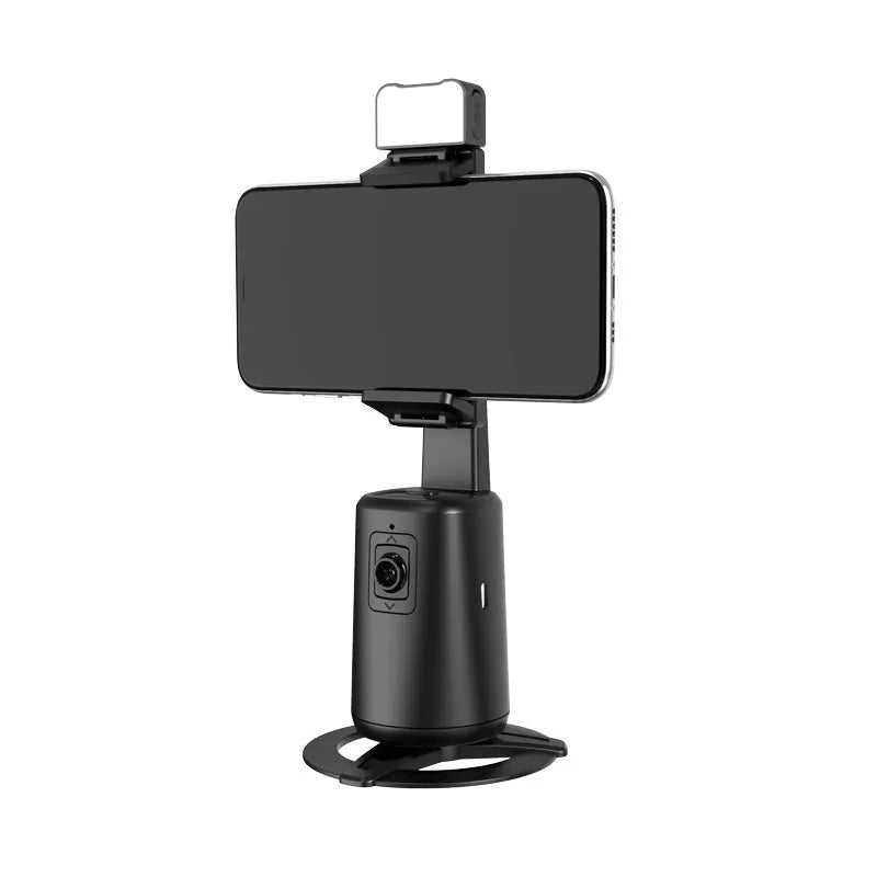 Black desktop phone bracket with rotating head and ribbon lighting for hands-free video calls