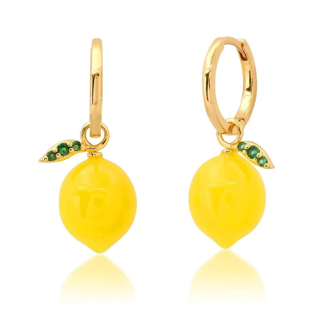 Gold plated copper earrings with fruit and vegetable designs including grape, cherry, lemon, carrot, peach, and orange elements
