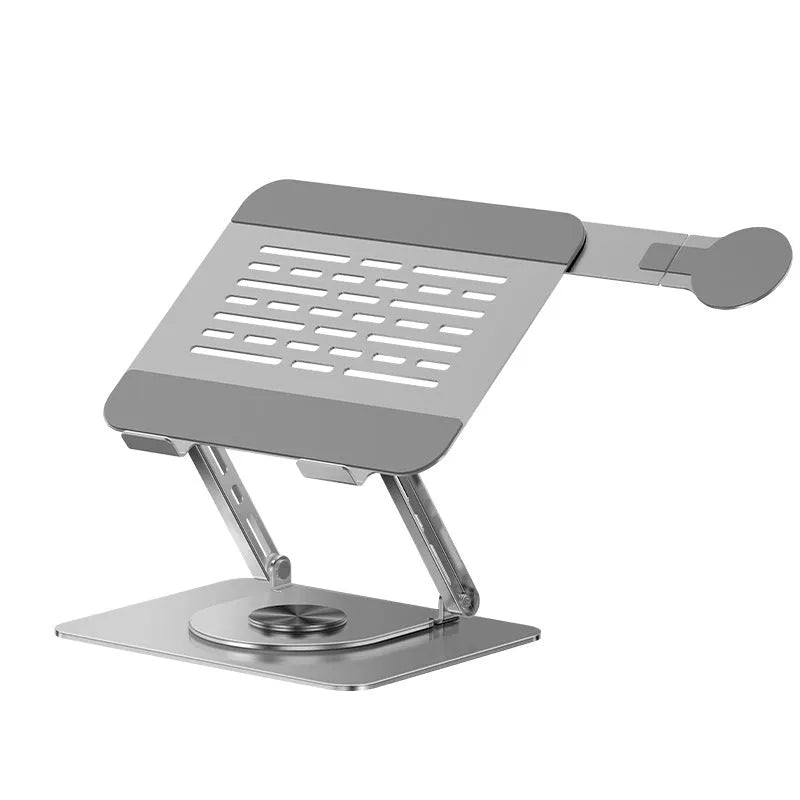 Silver carbon steel laptop stand with a rotating arm and magnetic mobile phone holder.