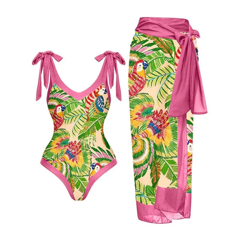 Women's solid colour one-piece swimsuit with spaghetti straps and an attached skirt.