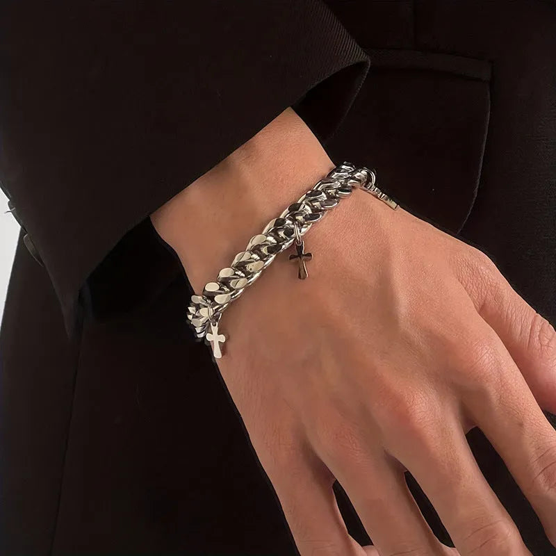 Men's titanium steel bracelet with geometric cross design on wrist