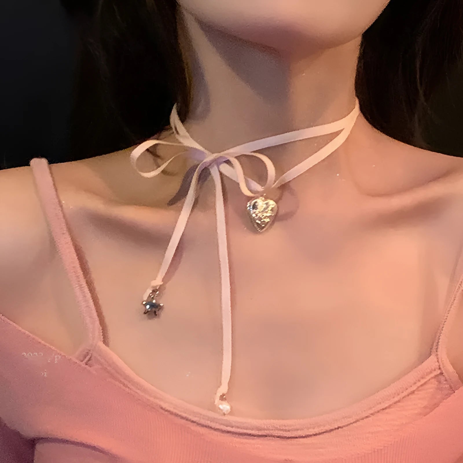 Women's ribbon love pendant fashion necklace in alloy with electroplated finish, clavicle chain length