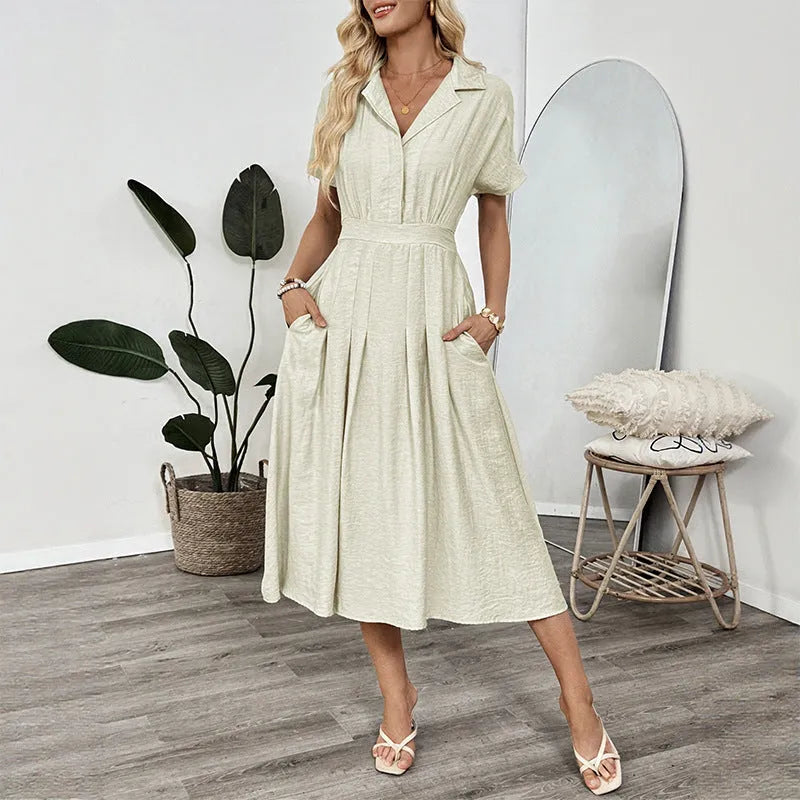 Light green lapel collar shirt dress with waist-tight skirt and commuter pockets