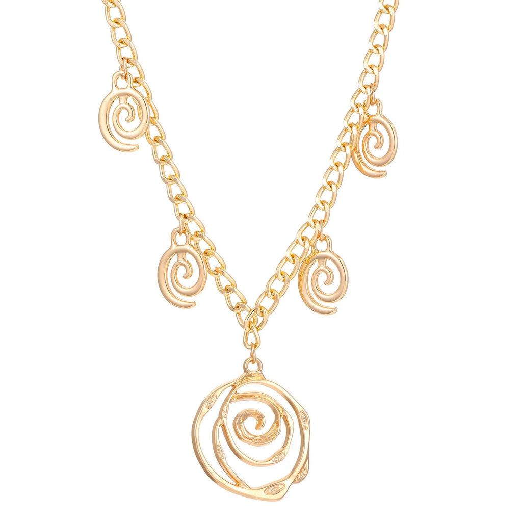 Spiral donut jewellery set with necklace, bracelet and earrings showing geometric circle designs in gold and silver finishes