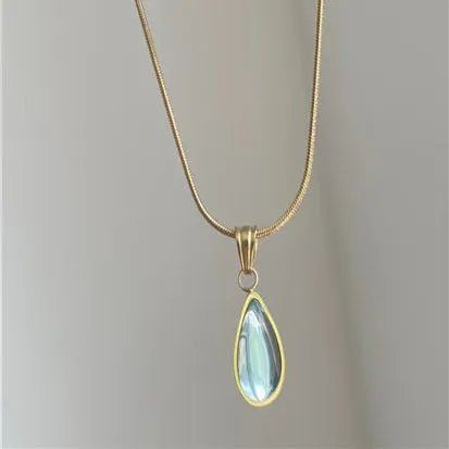 Water drop shaped pendant necklace with titanium steel snake bones chain in blue or green colour options