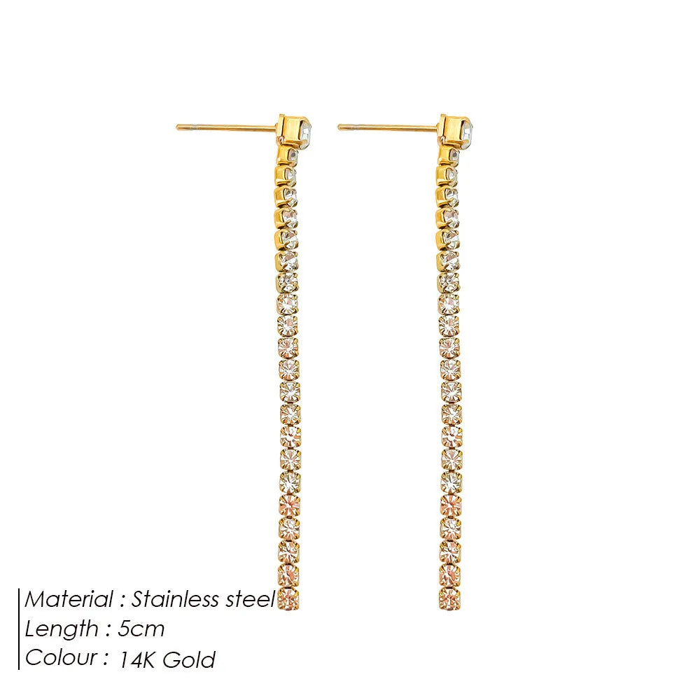 Gold and steel tone geometric women's earrings with zircon stones and line detail in Chinese style.