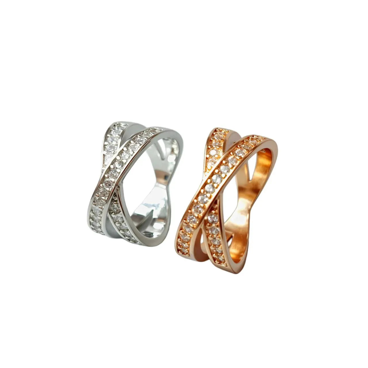 Geometric cross design ring with micro-inlaid zircon details in silver or rose gold electroplated finish