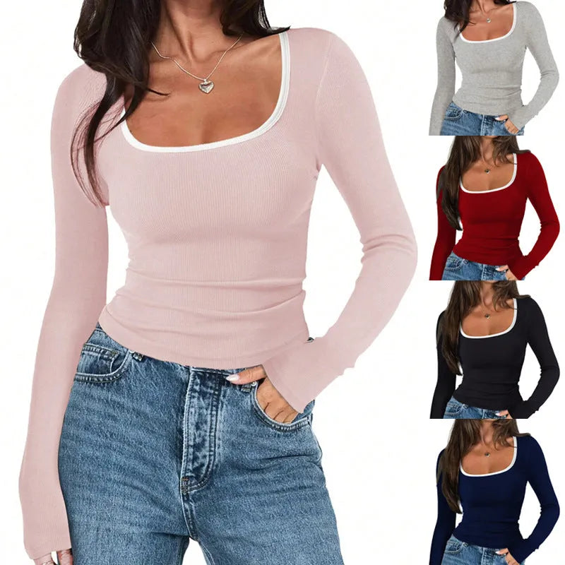 Women's square collar slim fit cotton pullover in wine red, shown with long sleeves.