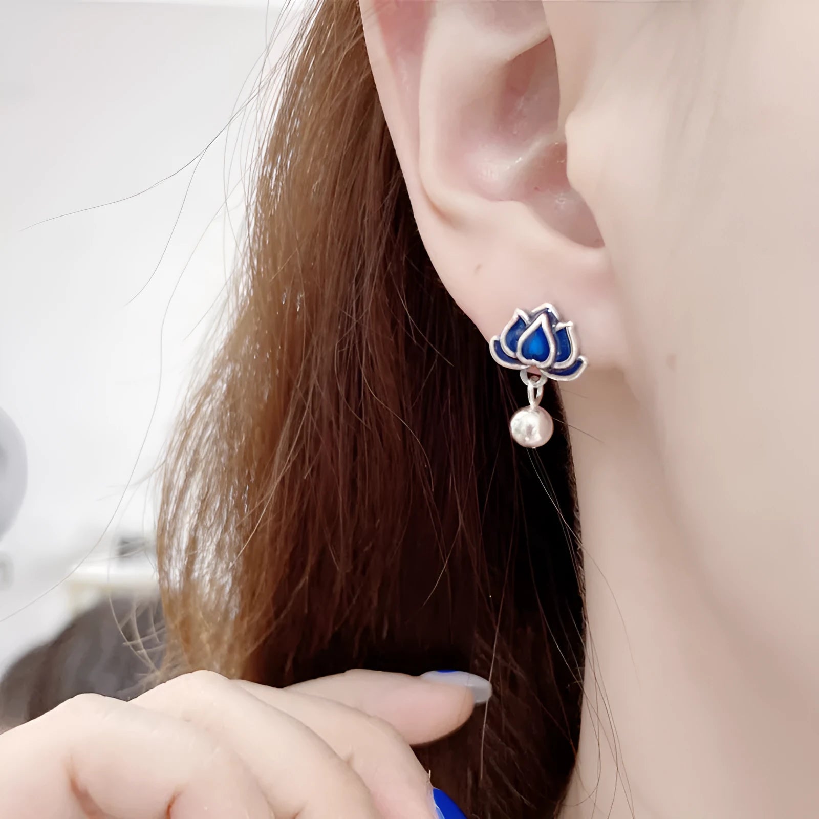 Blue lotus earrings with retro seedpod tassels measuring 1.2cm wide