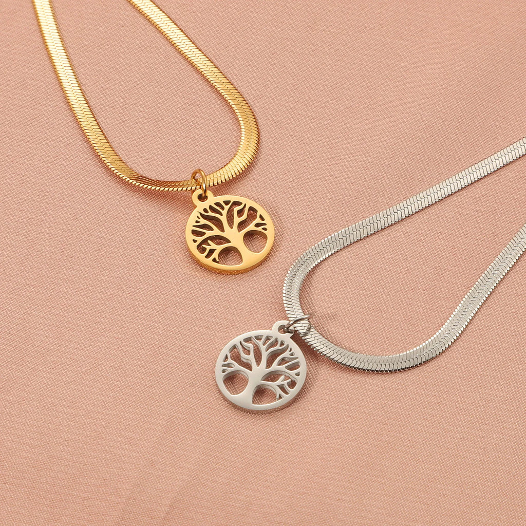 Stainless steel necklace with a U-shaped tree pendant on a snake bones chain.