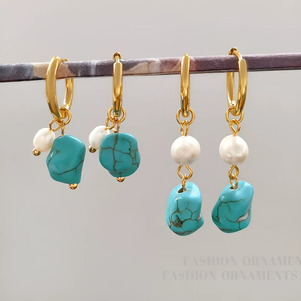 A pair of short and a pair of long turquoise cultured pearl ear clips with geometric copper settings.
