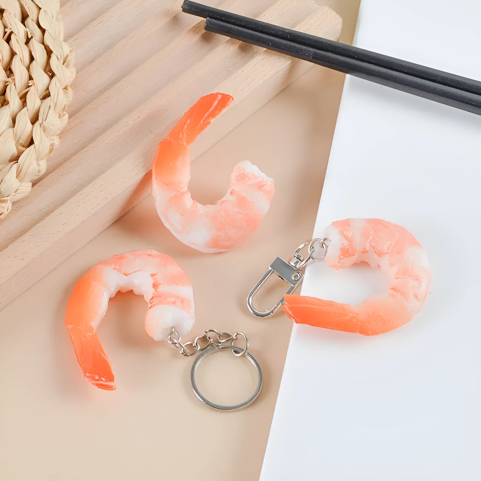 Realistic white shrimp-shaped PVC keychain charm with door buckle attachment