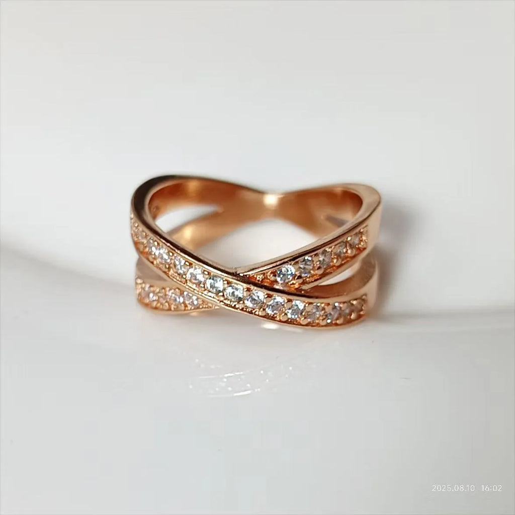 Geometric cross design ring with micro-inlaid zircon details in silver or rose gold electroplated finish