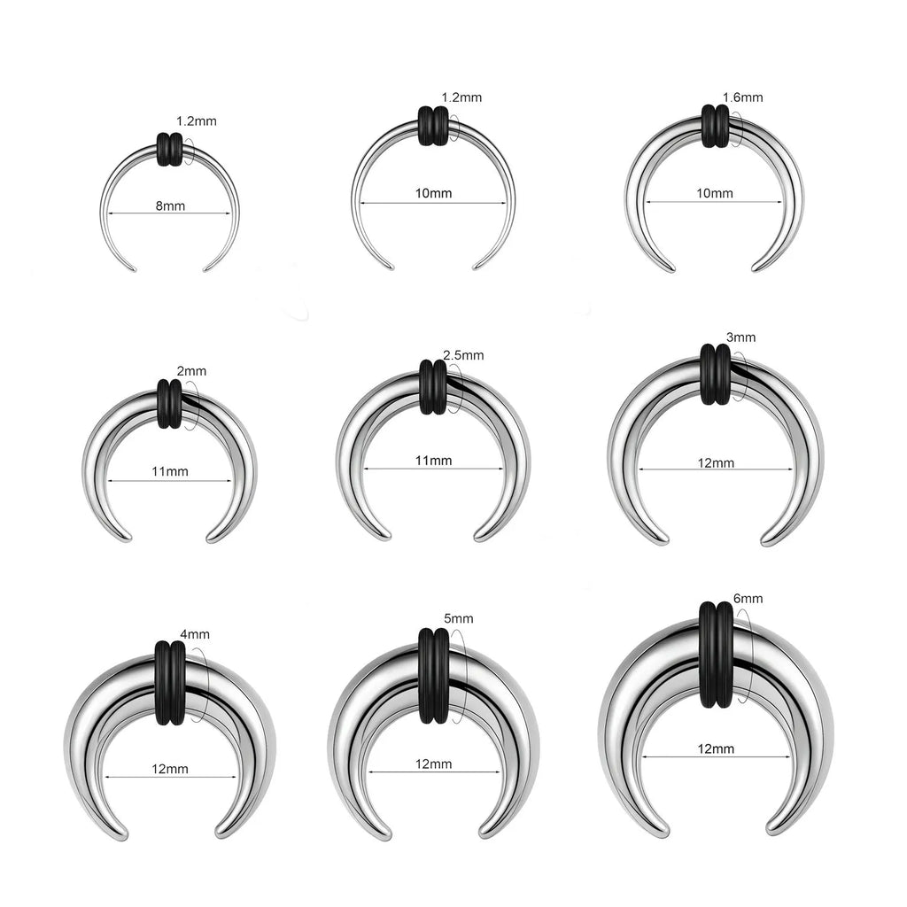 Geometric C-shaped nose ring with buffalo horn inlay, shown in steel colour on a grey background.