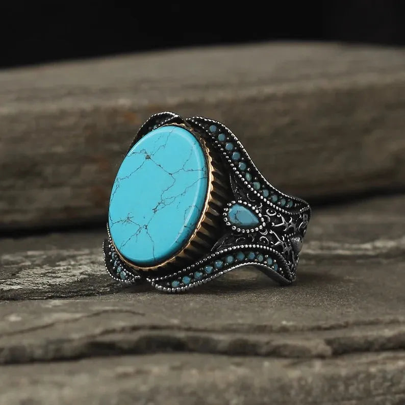 Men's antique silver alloy ring with turquoise stone in simple round design on size chart