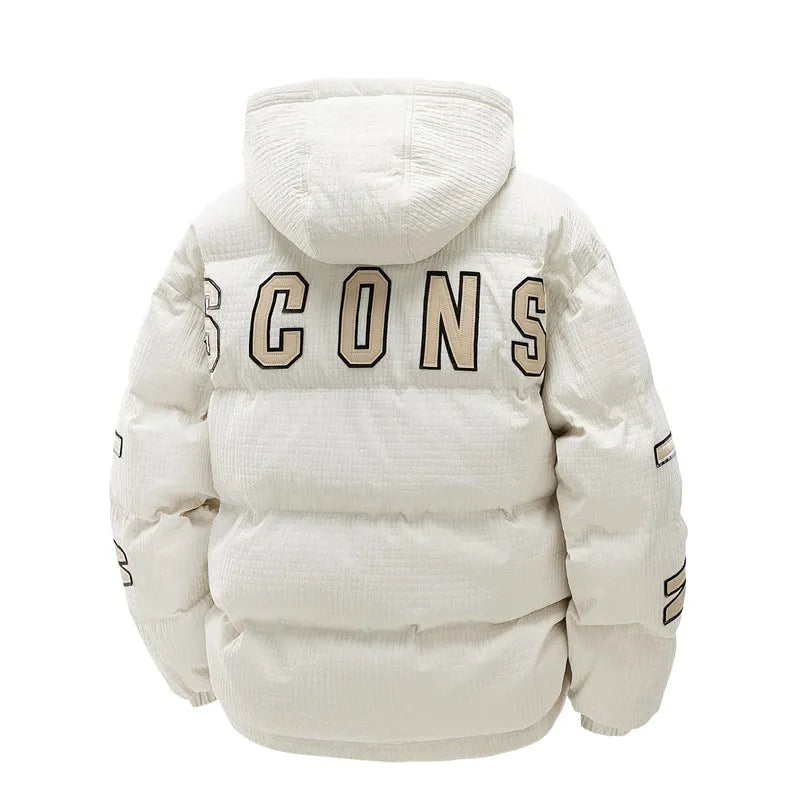 Men's black padded winter coat with hood, letter print design, side pockets, and cardigan style front