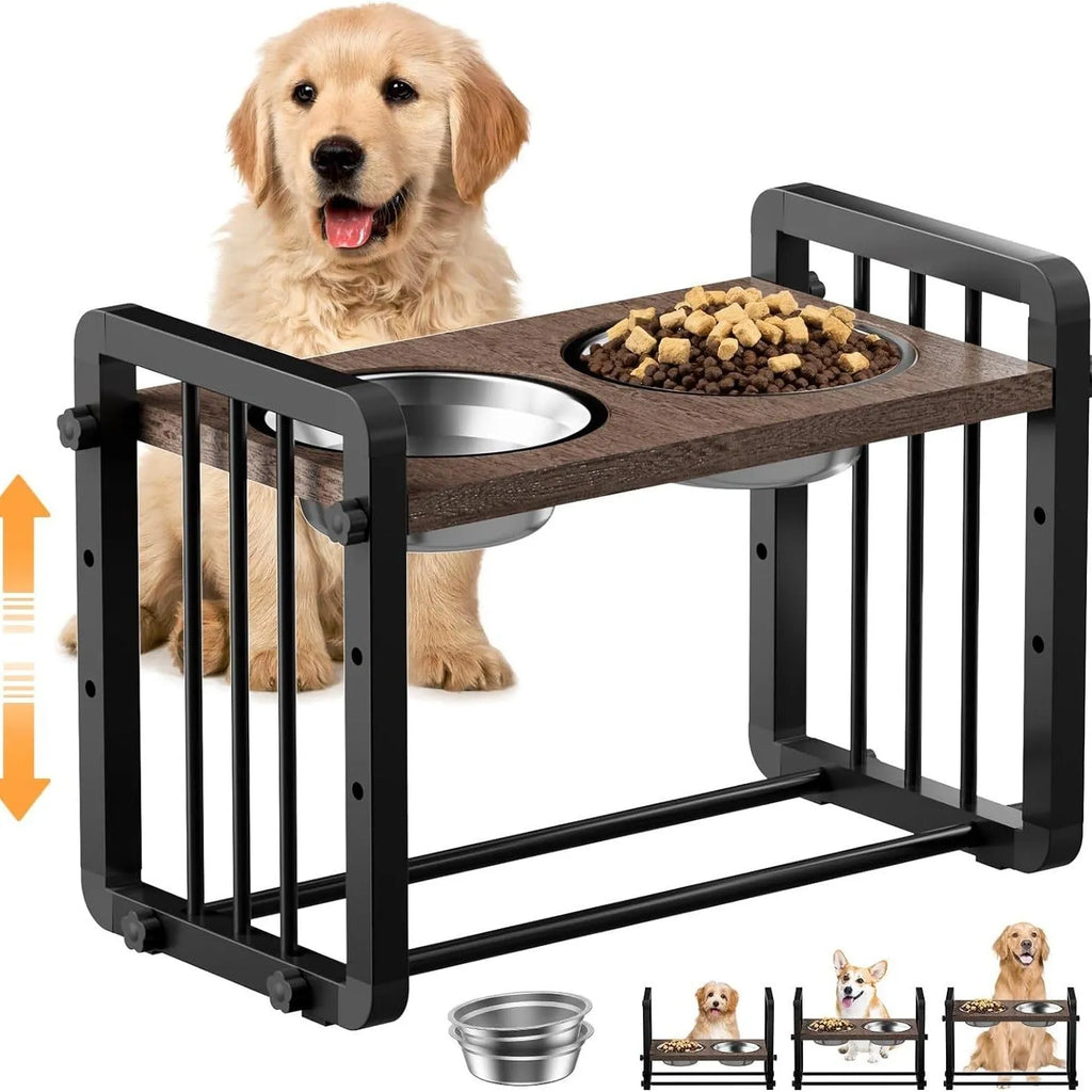 Black wooden dog bowl stand non-slip platform 37x23 cm for pet feeding