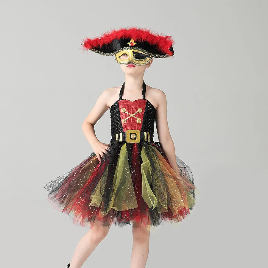 Girls pirate costume dress with sequins, gauze mesh, and lace detailing for Halloween
