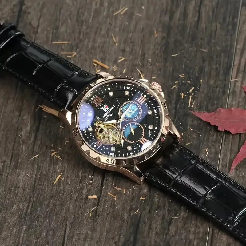 Men's automatic mechanical watch with hollow dial showing movement, black leather strap, rose gold case
