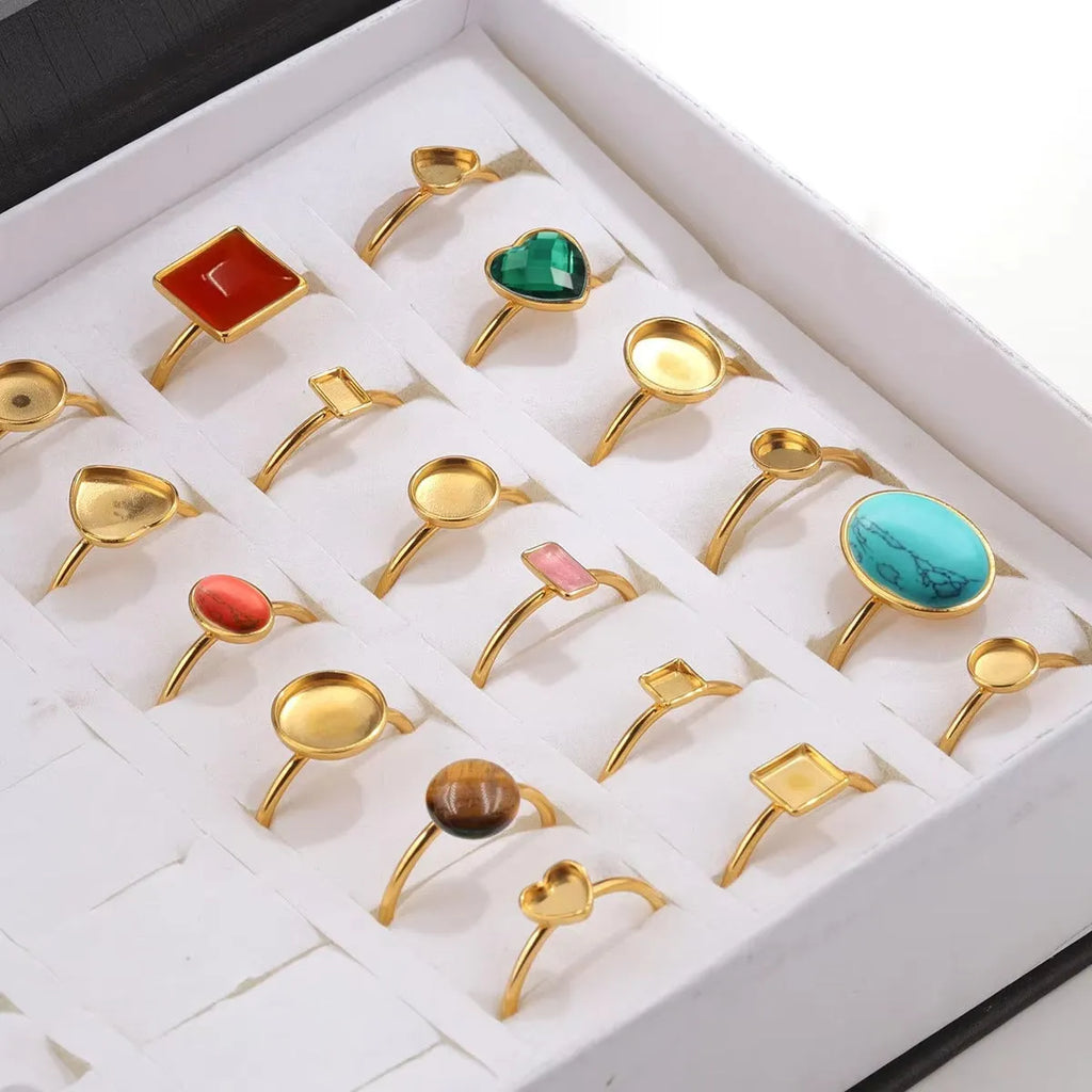Gold electroplated stainless steel DIY ring setting on holder for jewellery polishing