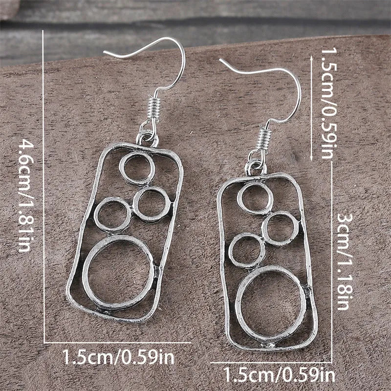 Geometric round ring earrings with irregular square design in antique silver zinc alloy