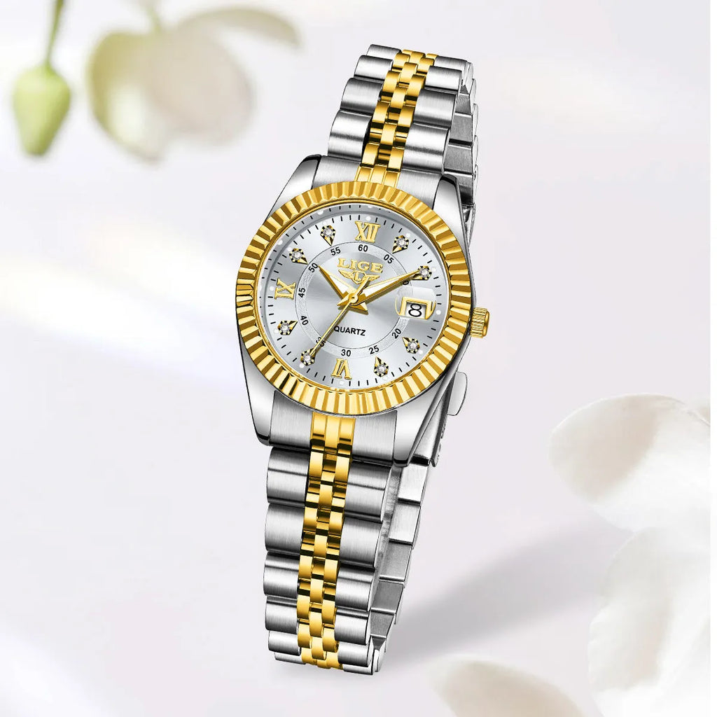 Women's waterproof quartz fashion watch with 10mm thickness in gold and silver colour options