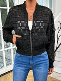 Black semi-transparent women's jacket with geometric pattern, thread zipper, and long sleeves.