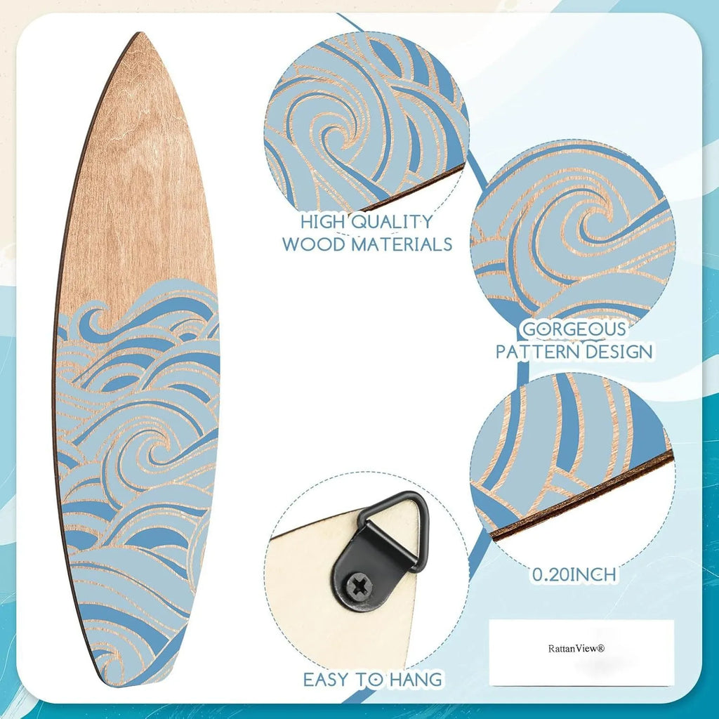 Three identical wooden surfboard wall decorations made from boxwood with European style design