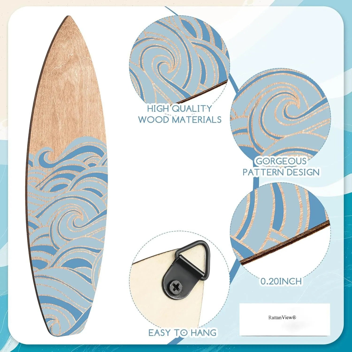 Three identical wooden surfboard wall decorations made from boxwood with European style design