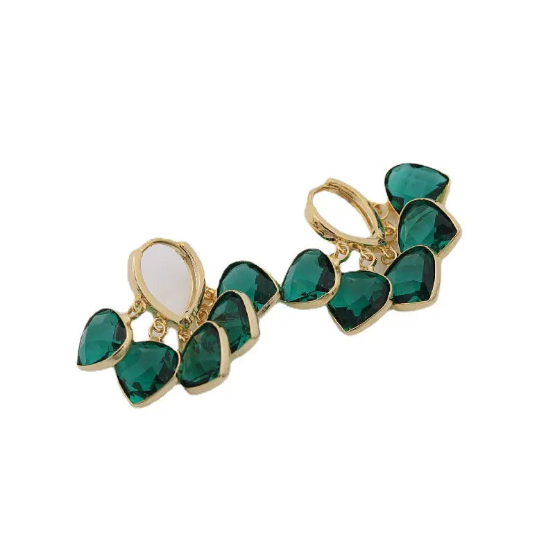 Green heart pendant ear clip earrings with Korean style design and alloy inlay artificial gemstone details
