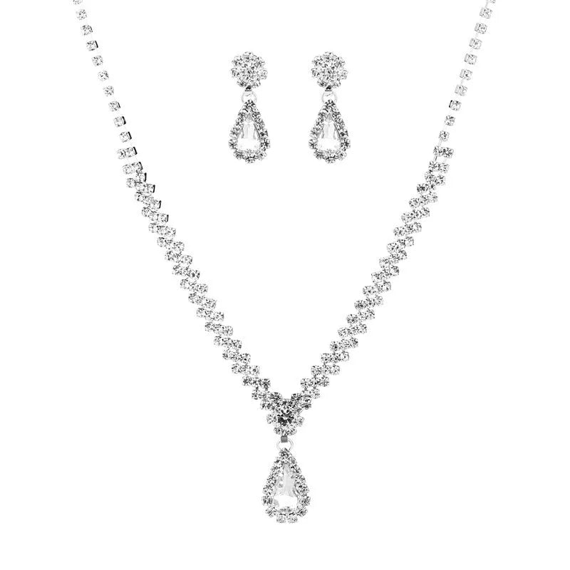 Claw chain rhinestone jewellery set with water drop shapes in a choice of colours, showing necklace, earrings, and optional bracelet.