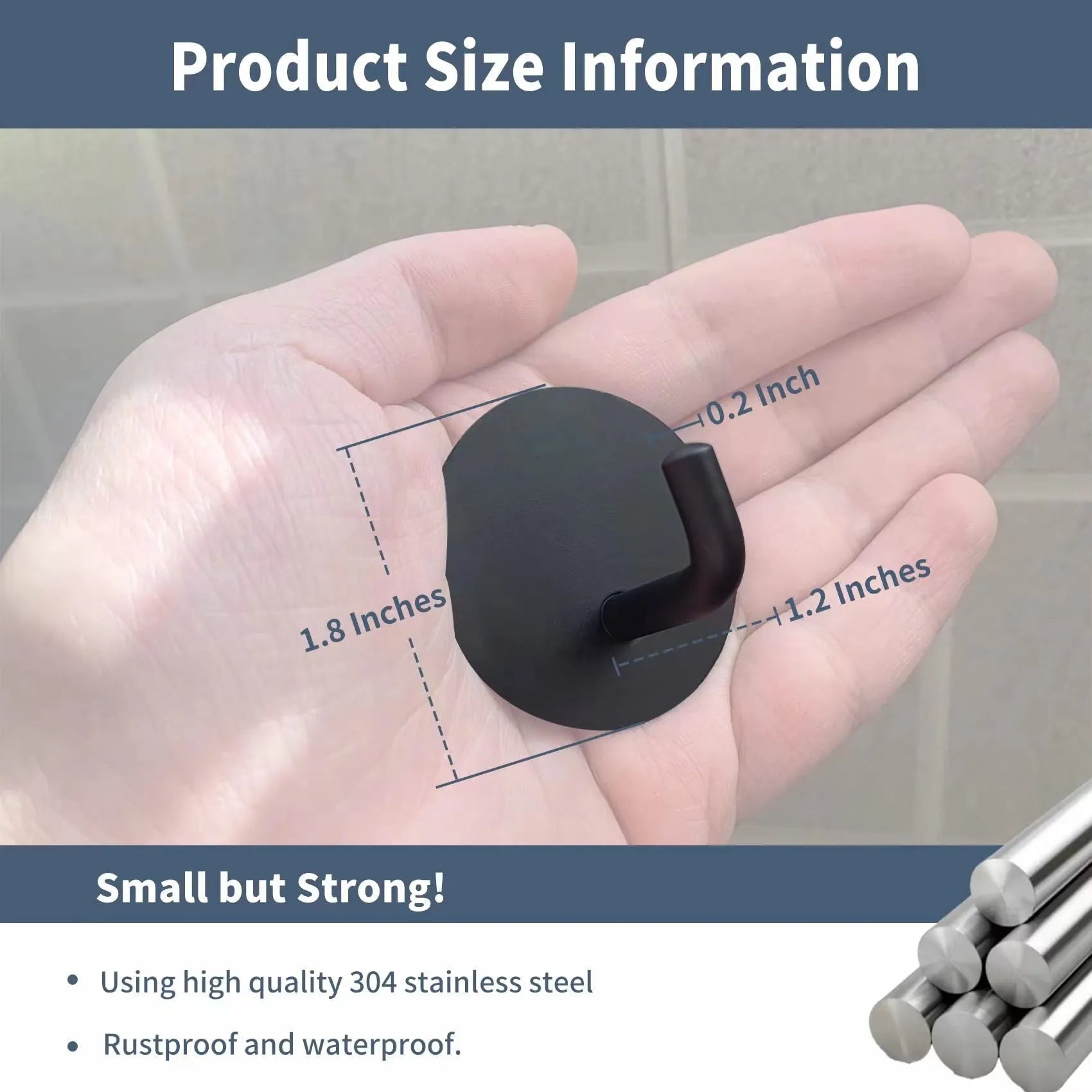 Stainless steel self-adhesive wall hook with rounded luggage hook design.