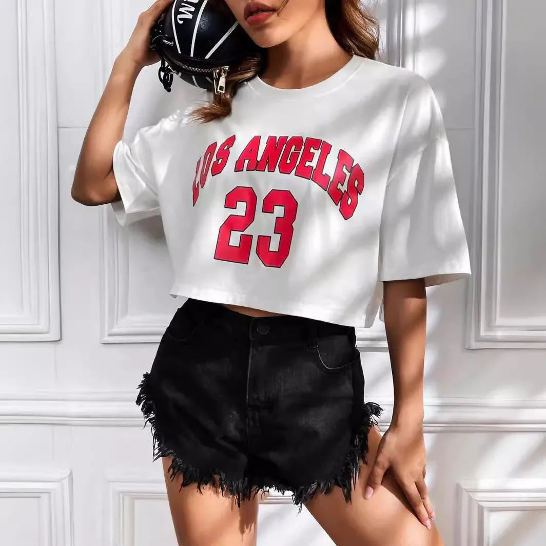 Women's cotton t-shirt with exposed navel design and printed English letters in loose casual fit