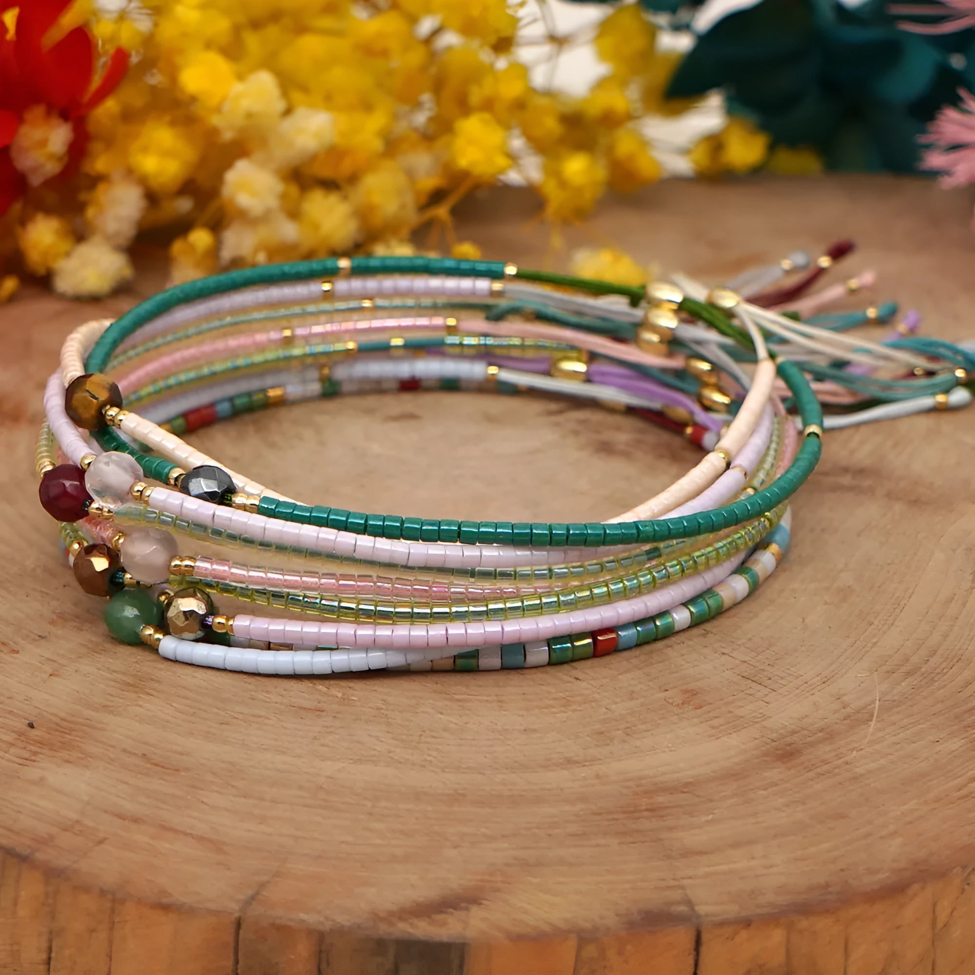 Colourful adjustable beaded bracelet with semi-precious stones and glass beads in bohemian style