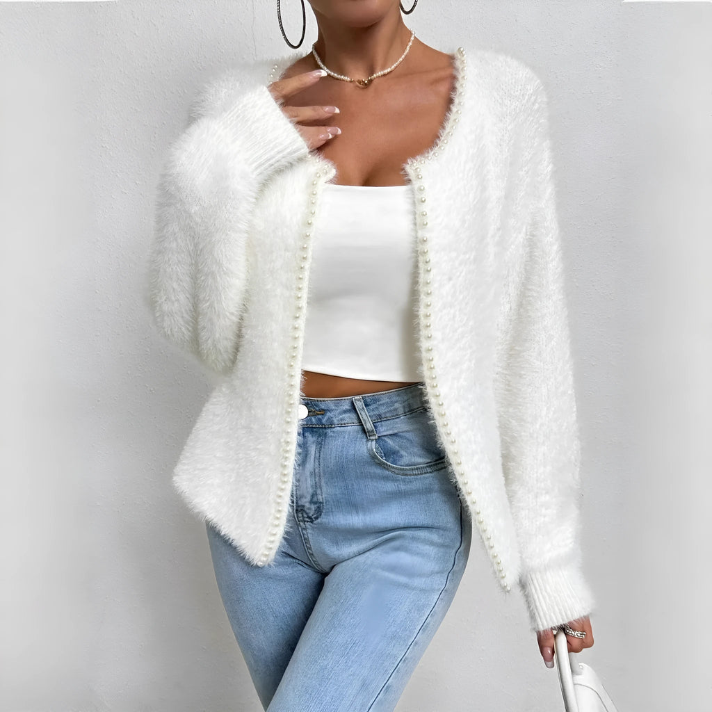 Women's white V-neck cardigan sweater with medium thickness polyester knitwear fabric